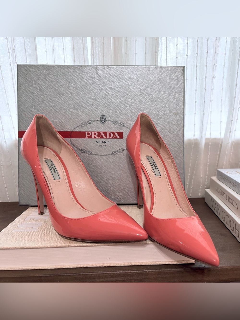 Prada Coral Pink Patent Leather Pointed-Toe Stilettos pumps